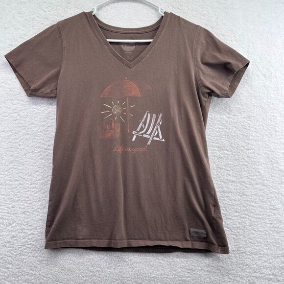 Life is Good Shirt Womens Size Medium Classic Fit Brown V Neck Beach Umbrella - Picture 2 of 8